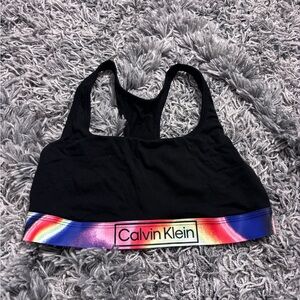Calvin Klein Black Racerback Sports Bra with Rainbow Logo Band